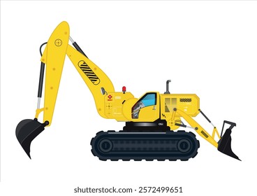 Yellow excavator multifunction with backhoe and gravel tools construction heavy vehicle 3D vector illustration