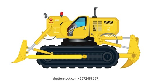 Yellow excavator multifunction with backhoe and gravel tools construction heavy vehicle 3D vector illustration