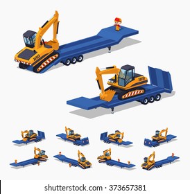 Yellow excavator on the blue low-bed trailer. 3D lowpoly isometric vector illustration. The set of objects isolated against the white background and shown from different sides