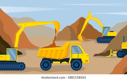 Yellow excavator pours sand into the dump truck on construction site. Concept of professional machinery to make construction work easier. Flat cartoon vector illustration