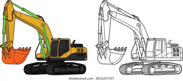 A yellow excavator is shown in full color next to its line art counterpart