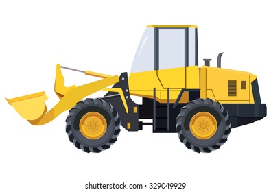 Yellow excavator side view on a white background