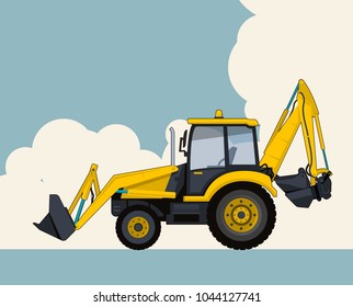 Yellow excavator, sky with clouds in background. Banner layout with earth mover.