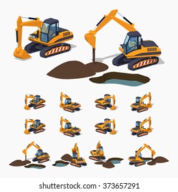 Yellow excavator. Special machinery. 3D lowpoly isometric vector illustration. The set of objects isolated against the white background and shown from different sides