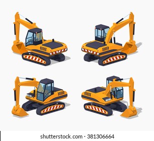 Yellow excavator. Special machinery. 3D lowpoly isometric vector illustration. The set of objects isolated against the white background and shown from different sides