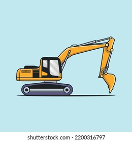 yellow excavator vector illustration on a blue background. engineering construction industrial transportation cartoon icon
