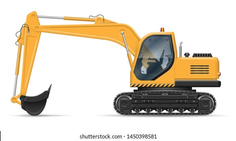 Yellow excavator with view from side isolated on white background. Construction vehicle vector mockup, easy editing and recolor