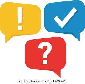 Marca de exclamación amarilla marca de verificación azul signo de interrogación rojo burbujas de discurso comunicación de chat