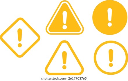 Yellow Exclamation mark icons set in flat styles. Danger alarm isolated on transparent background. Caution risk business concept. Hazard warning attention sign with exclamation mark symbol collection.