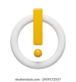 Yellow exclamation mark symbol in white glossy circle. Exclamation icon with 3d effect. Warning attention mark realistic symbol three-dimensional rendering vector illustration