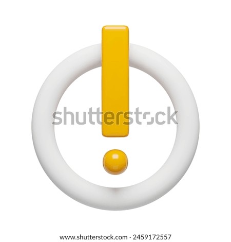 Yellow exclamation mark symbol in white glossy circle. Exclamation icon with 3d effect. Warning attention mark realistic symbol three-dimensional rendering vector illustration