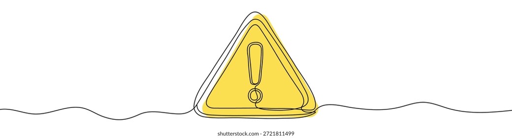 Yellow exclamation mark in triangle in one line art style. Exclamation mark drawing with editable black stroke on white background. Vector illustration.
