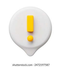 Yellow exclamation point in white speech bubble 3d realistic. Warning, attention, secure signal caution or error mark symbol three-dimensional rendering vector illustration