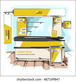 Design de stand de exposição amarelo. Modelo de cabine. Esboço de identidade corporativa em estilo de desenho