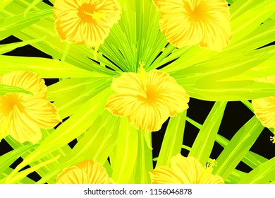 Yellow exotic pattern. Monstera and hibiscus flowers tropical bouquet.  Saturated large floral swimwear print. Horizontal california natural texture design. Hypernatural botanic design.