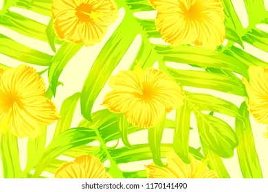 Yellow exotic pattern. Monstera and hibiscus flowers tropical bouquet.  Saturated large floral swimwear print. Horizontal california natural texture design. Hypernatural botanic design.