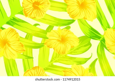 Yellow exotic pattern. Monstera and hibiscus flowers tropical bouquet.  Hawaiian t-shirt and swimwear tile.  Horizontal romantic wild vector exotic tile. Hypernatural botanic design.