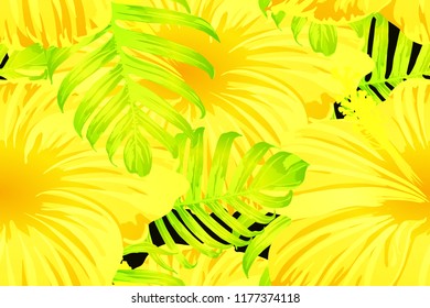 Yellow exotic pattern. Monstera and hibiscus flowers tropical bouquet.  Saturated large floral swimwear print. Horizontal california natural texture design. Bonny spring botanical design.