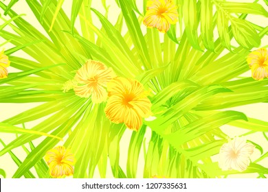 Yellow exotic pattern. Monstera and hibiscus flowers tropical bouquet.  Hawaiian t-shirt and swimwear tile.  Horizontal romantic wild vector exotic tile. Bonny spring botanical design.