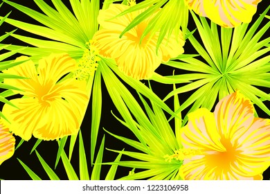 Yellow exotic pattern. Monstera and hibiscus flowers tropical bouquet.  Hawaiian t-shirt and swimwear tile.  Horizontal california natural texture design. Bonny spring botanical design.