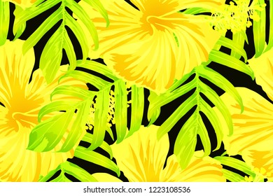 Yellow exotic pattern. Monstera and hibiscus flowers tropical bouquet.  Hawaiian t-shirt and swimwear tile.  Horizontal romantic wild vector exotic tile. Hypernatural botanic design.