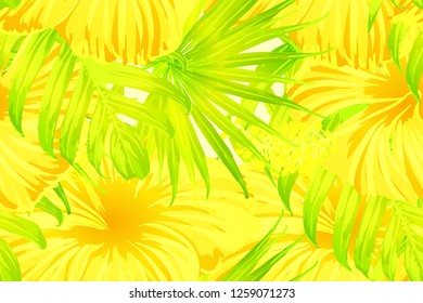 Yellow exotic pattern. Monstera and hibiscus flowers tropical bouquet.  Hawaiian t-shirt and swimwear tile.  Horizontal romantic wild vector exotic tile. Bonny spring botanical design.