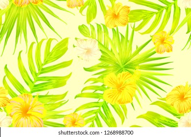 Yellow exotic pattern. Monstera and hibiscus flowers tropical bouquet.  Hawaiian t-shirt and swimwear tile.  Horizontal romantic wild vector exotic tile. Hypernatural botanic design.