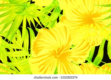 Yellow exotic pattern. Monstera and hibiscus flowers tropical bouquet.  Hawaiian t-shirt and swimwear tile.  Horizontal california natural texture design. Bonny spring botanical design.