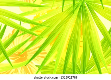 Yellow exotic pattern. Monstera and hibiscus flowers tropical bouquet.  Saturated large floral swimwear print. Horizontal romantic wild vector exotic tile. Bonny spring botanical design.