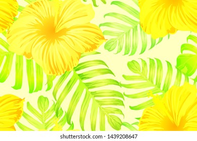 Yellow exotic pattern. Monstera and hibiscus flowers tropical bouquet.  Hawaiian t-shirt and swimwear tile.  Horizontal romantic wild vector exotic tile. Bonny spring botanical design.