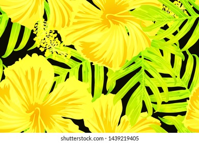 Yellow exotic pattern. Monstera and hibiscus flowers tropical bouquet.  Hawaiian t-shirt and swimwear tile.  Horizontal romantic wild vector exotic tile. Hypernatural botanic design.