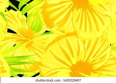 Yellow exotic pattern. Monstera and hibiscus flowers tropical bouquet.  Saturated large floral swimwear print. Horizontal romantic wild vector exotic tile. Bonny spring botanical design.
