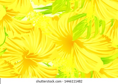 Yellow exotic pattern. Monstera and hibiscus flowers tropical bouquet.  Saturated large floral swimwear print. Horizontal romantic wild vector exotic tile. Hypernatural botanic design.