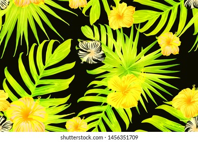 Yellow exotic pattern. Monstera and hibiscus flowers tropical bouquet.  Hawaiian t-shirt and swimwear tile.  Horizontal california natural texture design. Bonny spring botanical design.