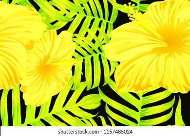 Yellow exotic pattern. Monstera leaves and hibiscus flowers in summer print.  Saturated large floral swimwear print. Horizontal california natural texture design. Bonny spring botanical design.