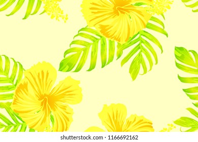 Yellow exotic pattern. Monstera leaves and hibiscus flowers in summer print.  Saturated large floral swimwear print. Horizontal romantic wild vector exotic tile. Hypernatural botanic design.