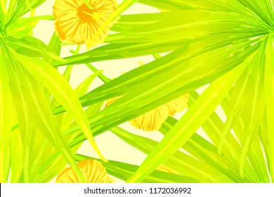 Yellow exotic pattern. Monstera leaves and hibiscus flowers in summer print.  Hawaiian t-shirt and swimwear tile.  Horizontal california natural texture design. Hypernatural botanic design.