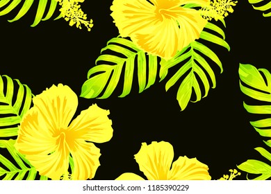 Yellow exotic pattern. Monstera leaves and hibiscus flowers in summer print.  Hawaiian t-shirt and swimwear tile.  Horizontal california natural texture design. Hypernatural botanic design.