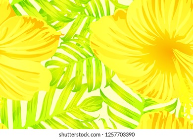 Yellow exotic pattern. Monstera leaves and hibiscus flowers in summer print.  Hawaiian t-shirt and swimwear tile.  Horizontal romantic wild vector exotic tile. Hypernatural botanic design.