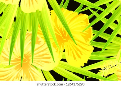 Yellow exotic pattern. Monstera leaves and hibiscus flowers in summer print.  Saturated large floral swimwear print. Horizontal romantic wild vector exotic tile. Bonny spring botanical design.