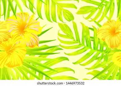 Yellow exotic pattern. Monstera leaves and hibiscus flowers in summer print.  Saturated large floral swimwear print. Horizontal california natural texture design. Bonny spring botanical design.
