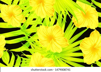 Yellow exotic pattern. Monstera leaves and hibiscus flowers in summer print.  Saturated large floral swimwear print. Horizontal california natural texture design. Hypernatural botanic design.
