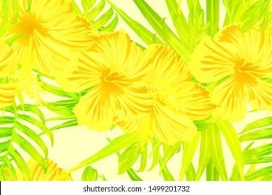 Yellow exotic pattern. Monstera leaves and hibiscus flowers in summer print.  Hawaiian t-shirt and swimwear tile.  Horizontal california natural texture design. Hypernatural botanic design.