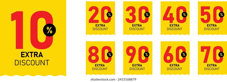 Etiqueta, etiqueta, juego de banners y pegatinas de descuento extra amarillo. Etiqueta de descuento con 30, 10, 20, 40, 50, 60, 70, 80, 90 por ciento de descuento. Reducción de precios con un importe de descuento diferente. Ilustración del vector