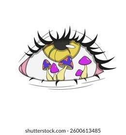 Yellow eye with mushrooms inside, psychedelic sticker, psychedelic mushrooms