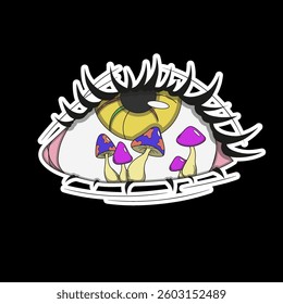 Yellow eye with mushrooms inside, psychedelic sticker, psychedelic mushrooms