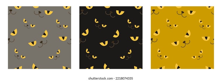 Ojos amarillos de un gato. Conjunto de patrones sin fisuras. Vector clipart.