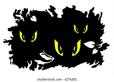 Yellow eyes of predators on a black grunge background. Halloween illustration.