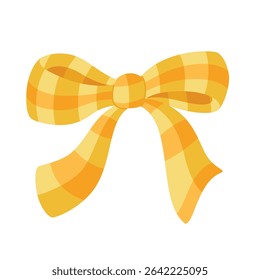Yellow fabric bow with gingham plaid pattern. Feminine accessory vector illustration isolated