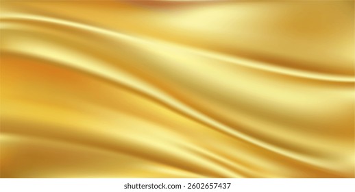 Yellow fabric cloth with smooth surface, wavs and crumples. Vector realistic background texture, luxurious material for atelier, home interior or decor. Curtains or draperies, modern style